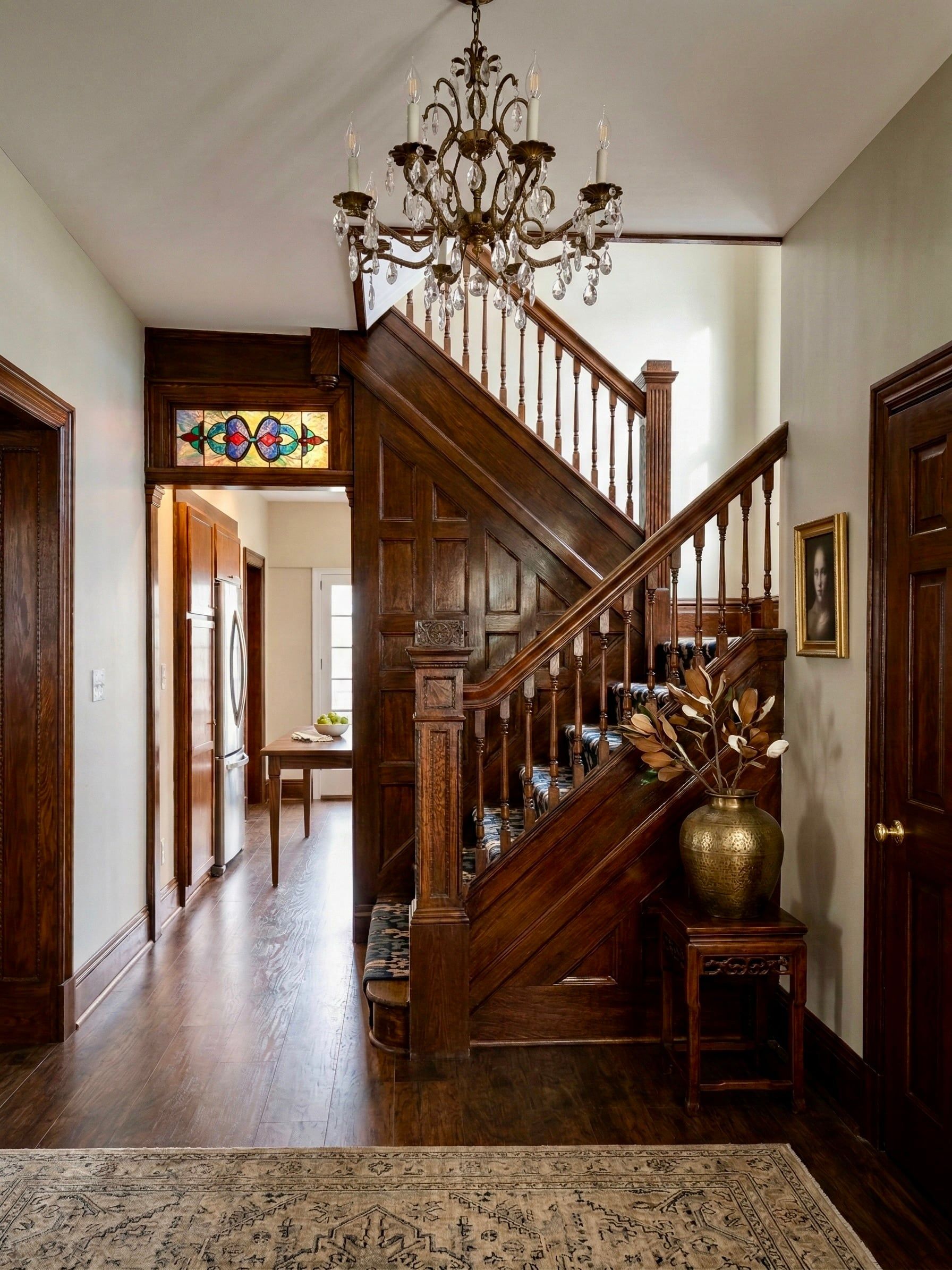 The front hall: a dark oak staircase with turned balusters and paneling, a crystal chandelier, and a stained glass transom over the hall doorway