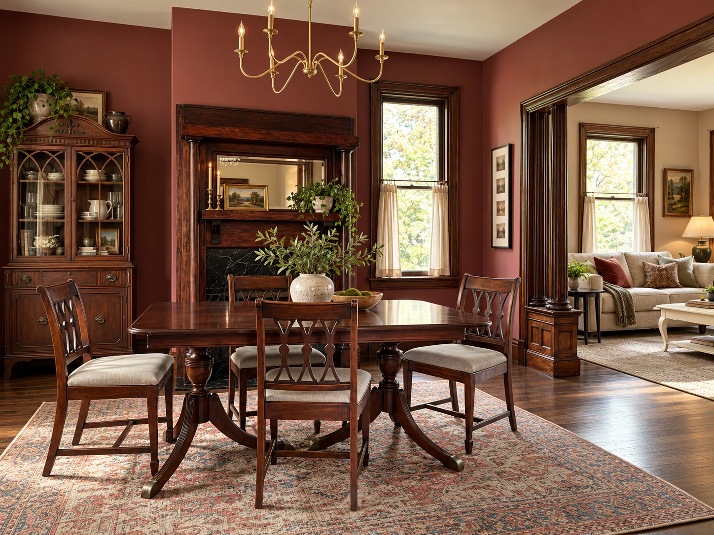 The Crafton Foursquare’s dining room: a salvaged mantel, and a column on a paneled pedestal at the opening to the living room