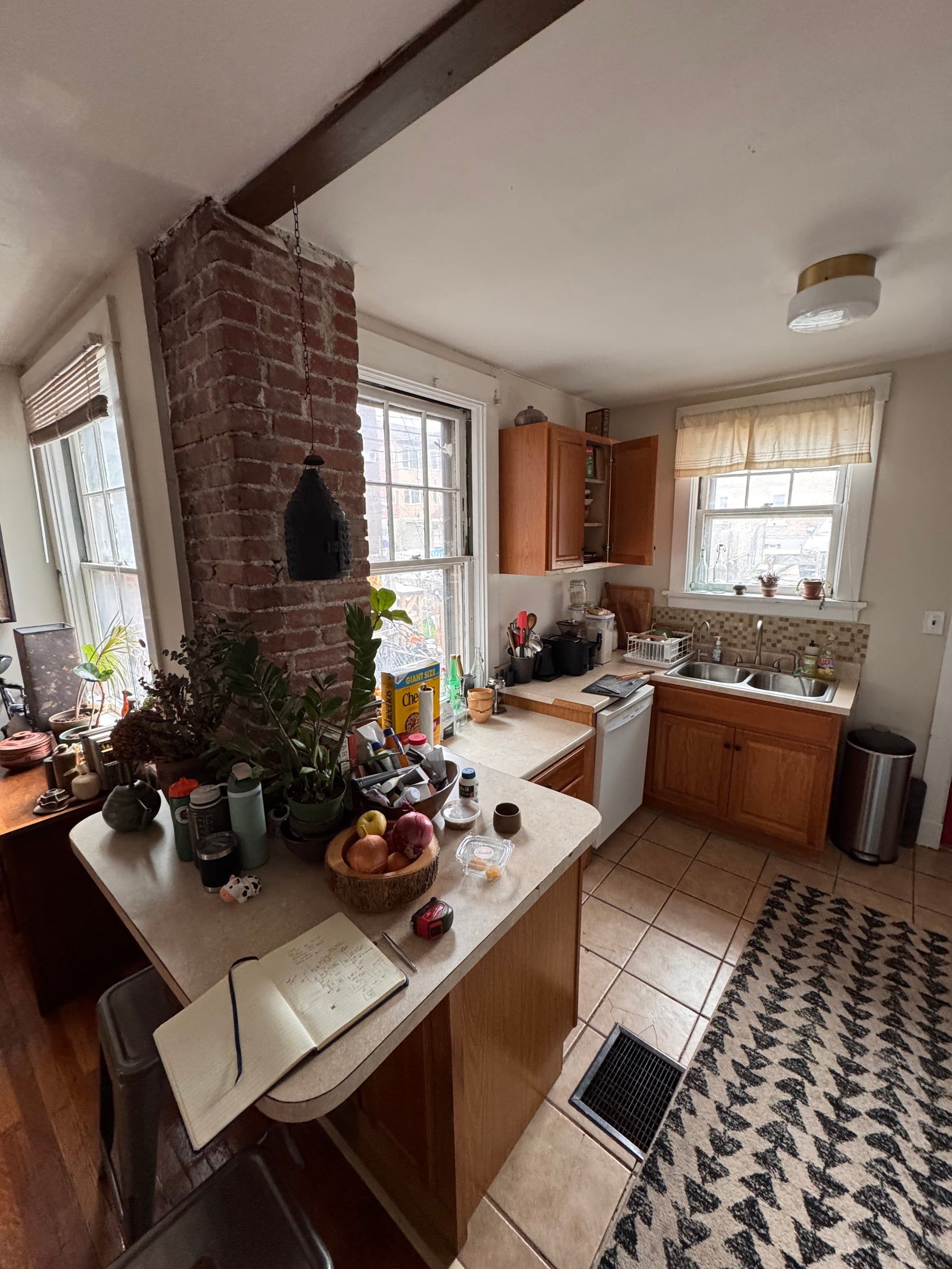The kitchen before: honey oak cabinets, a laminate peninsula crowded with plants and pottery, beige floor tile, and the brick chimney