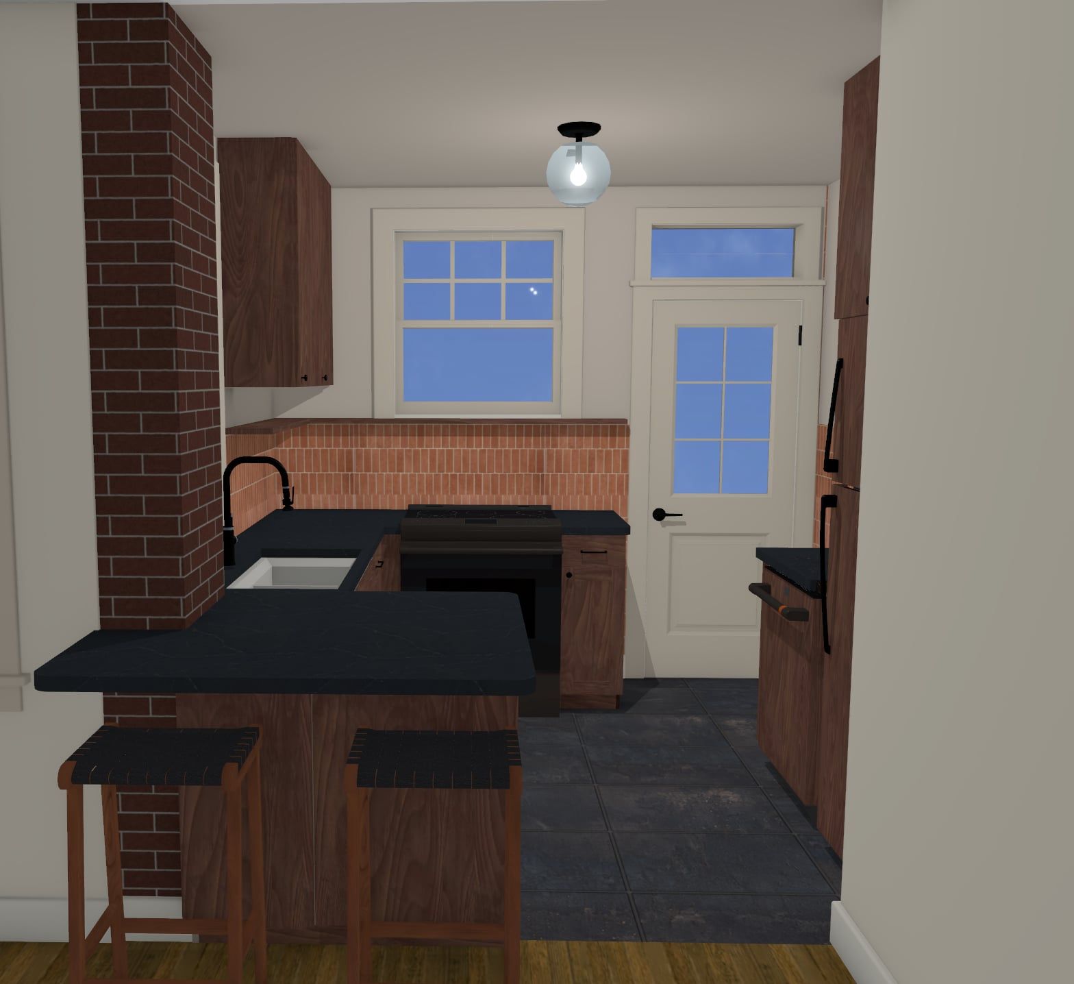 The design rendering: the brick chimney, a dark peninsula with two stools, dark wood cabinets, and a brick-tone tile backsplash under the back window