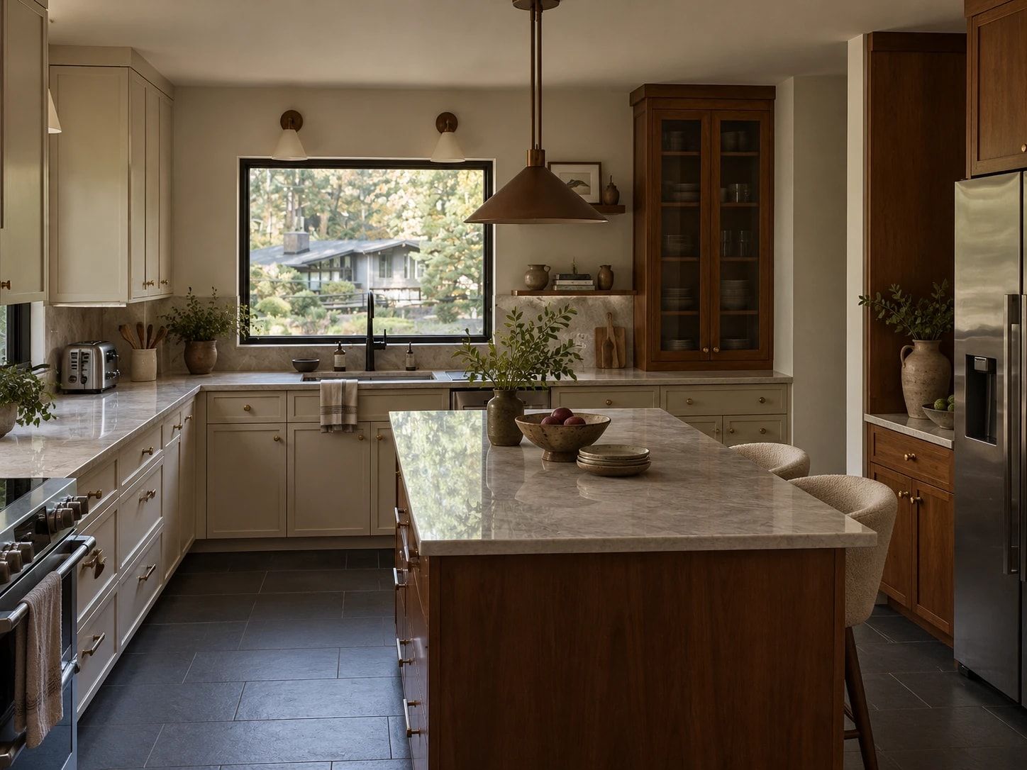 The kitchen after, from about the same spot: pale cabinets, a glass-front wood cabinet, a warm wood island with a pale stone top under a copper pendant, slate floors, and the same window