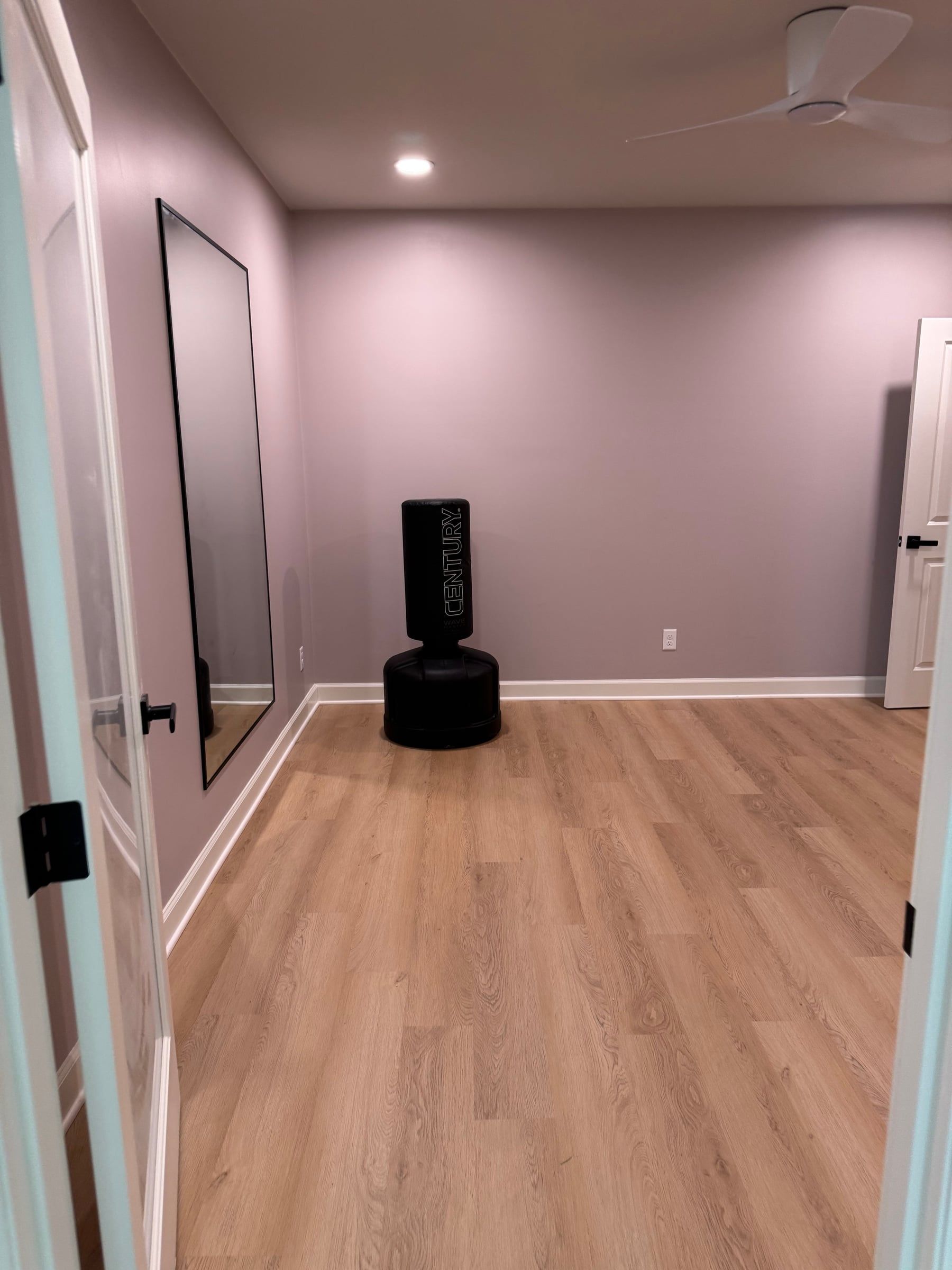The gym: lavender walls, a large mirror, and a punching bag